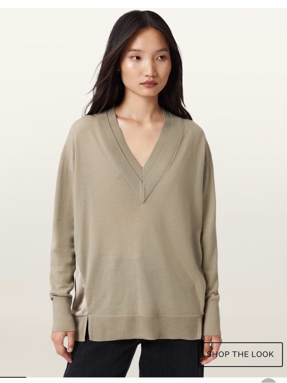 AllSaints Bern V-Neck Wool Sweater S Taupe Deep V Quiet Luxury Minimalist Chic